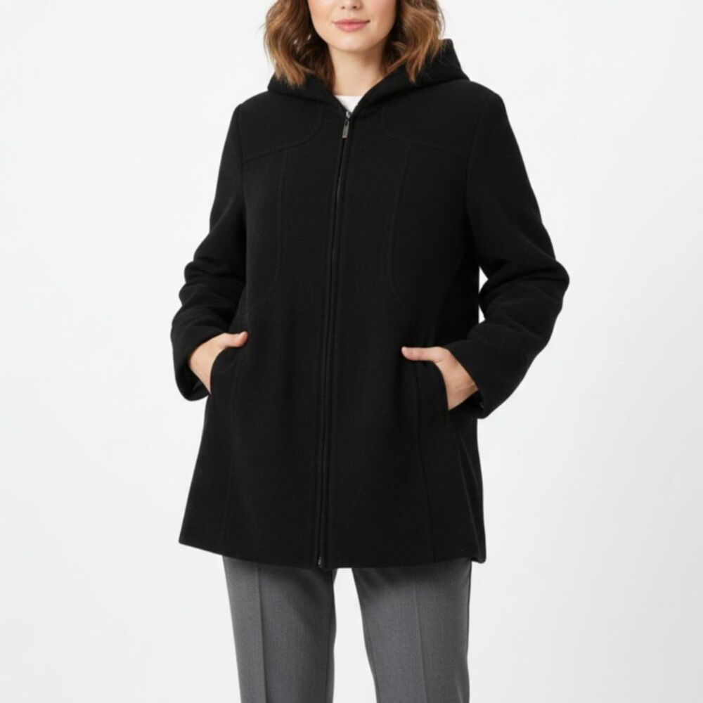 🧥 Fleet Street Wool Blend Black Hooded Coat Jacket Women's Large L Warm